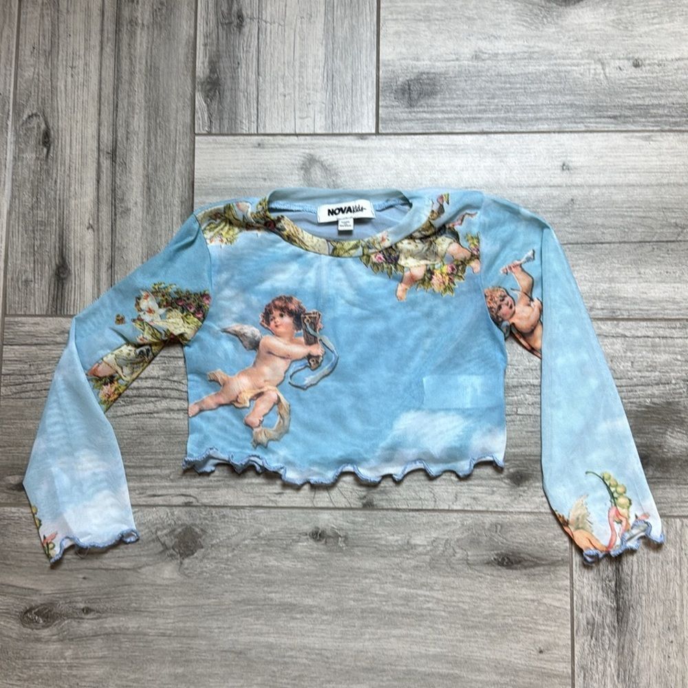Nova Kids Girls Angel Lettuce Edge Trim Long Sleeve Crop Top Blue Size 2T